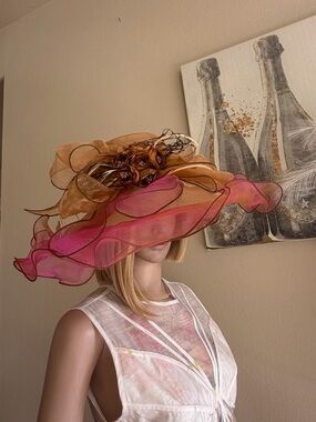 Elegant Pink and Peach Wide-Brim Floral Occasion Hat